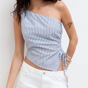 Cider Blue and White Striped One-Shoulder Camisole with Side Tie
